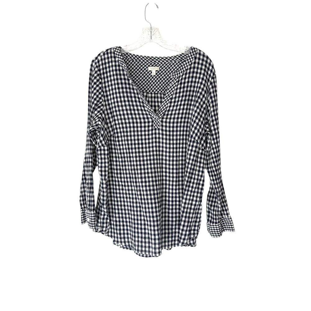 Talbots Woman Blouse Black Plaid Gingham Picnic Plus V-Neck Long Sleeve Size 1X‎